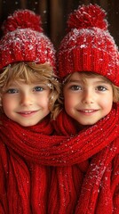 Two Siblings Hugging in Winter Nature | Two Brothers Standing in Cold Winter Snowing