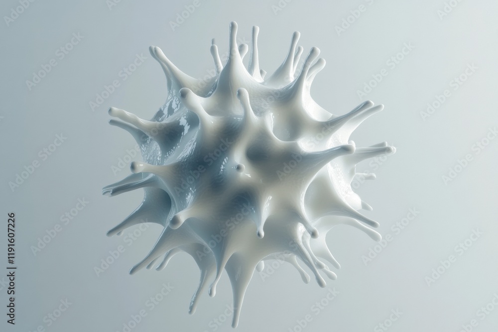Poster minimalistic graphical representation of a virus with intricate surface details against a subtle bac