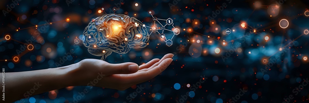 Poster glowing digital brain floating above open hand against dark background with bokeh lights, representi