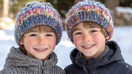 Two Siblings Hugging in Winter Nature | Two Brothers Standing in Cold Winter Snowing