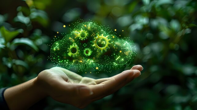 Magical glowing green virus cells floating above an open palm against natural bokeh background, perfect for healthcare, science or biotechnology concepts. - Powered by Adobe