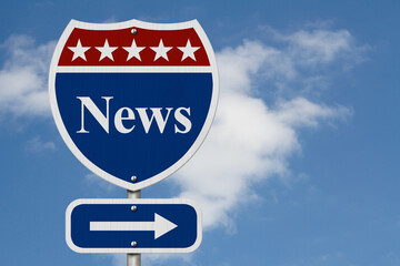 Road sign indicating direction to news with a blue and red design with blue sky. Perfect for concepts related to current events or media