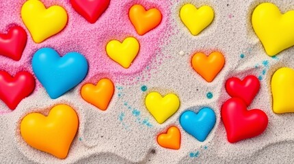 Fototapeta premium Vibrant, bright colors in a hearts pattern combined with sand texture , professional quality, lively and energetic feel