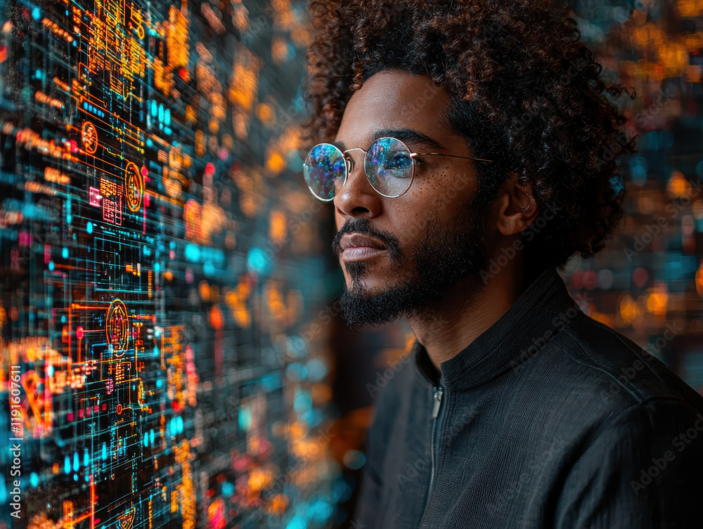 Poster business professional engaging with ai-powered holographic assistant to analyze neural network graph