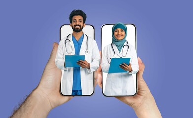 A couple uses their smartphones to communicate online, showcasing their affection while engaged in their healthcare professions. They stand together, highlighting the bond created through technology.
