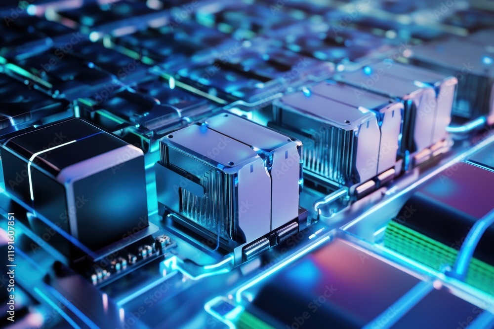 Poster close-up of advanced computer processors with glowing circuitry in a high-tech environment