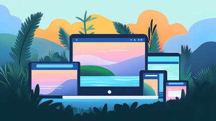 Visual explosion of progressive web app screens from laptop to mobile, showcasing adaptability. Rivermist. Illustration