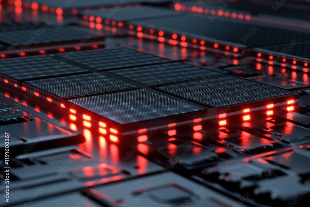 Poster close-up view of dark circuit board with illuminated red highlights in a tech environment