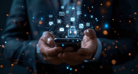 Digital transformation concept with businessman hands holding glowing social media and technology icons, perfect for business communication and networking designs.