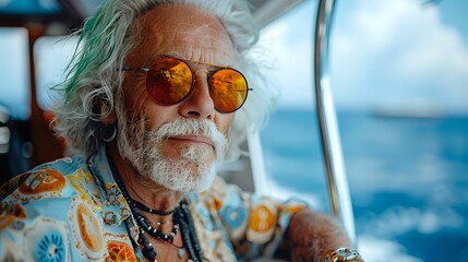 Senior Caucasian man with white beard wearing orange sunglasses and colorful Hawaiian shirt on boat, enjoying retirement lifestyle against blue ocean background. Perfect for travel and lifestyle ads.