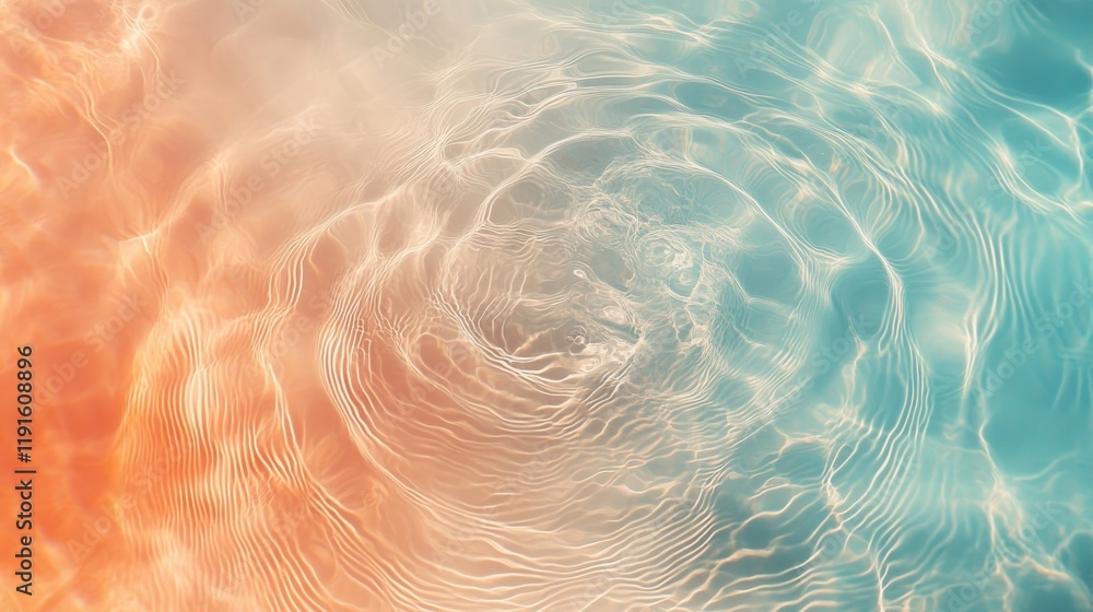 Poster Sunlight illuminating rippling water surface with concentric circles, creating a mesmerizing abstract pattern with a gradient of orange and turquoise colors