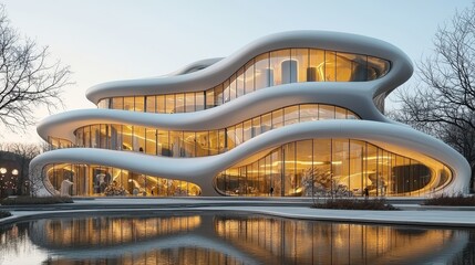 Futuristic organic architecture: curved modern building with glass facade at dusk