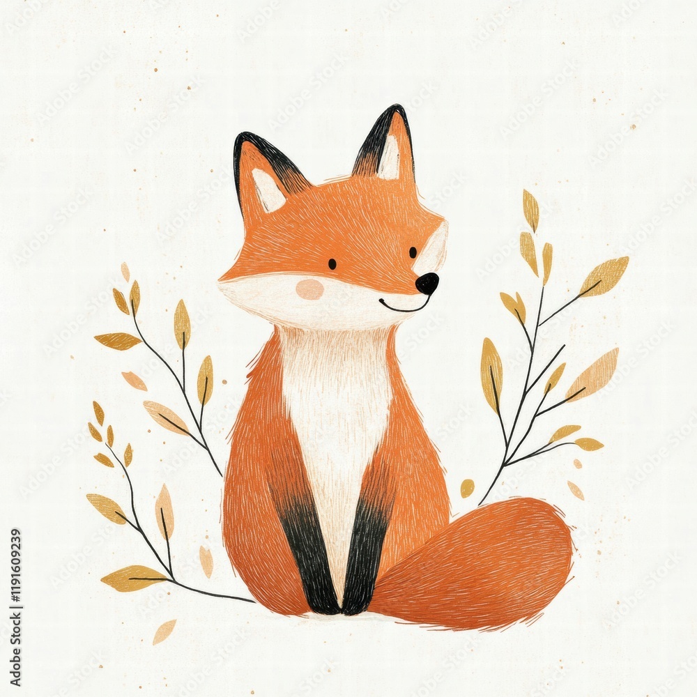 Poster illustrated fox character sits among minimalistic leaves in a simple design capturing playful nature