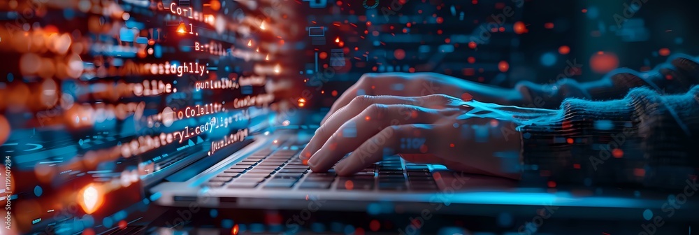 Poster hands typing on laptop keyboard with digital code overlay and blue technology visualization effects,