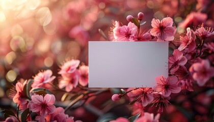 A white card is placed in the middle of a pink flower bush
