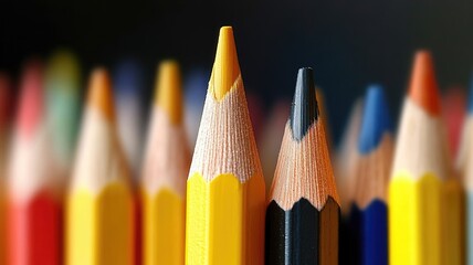 Close-up of multiple colored pencils with sharp tips in focus