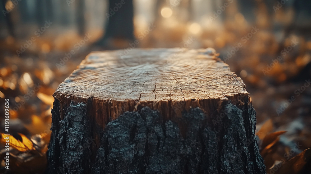 Aufkleber sunlight filters through trees onto a rustic tree stump in a serene forest landscape