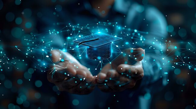 Glowing digital graduation cap floating over hands with futuristic network connections, perfect for online education and e-learning concepts in dark blue tones.