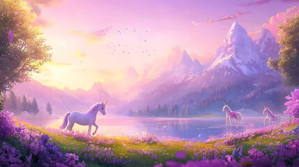 A magical cartoon meadow with glowing flowers a crystal-clear lake and unicorns grazing under a pastel sunset sky.