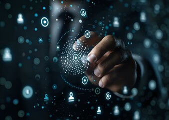 Digital transformation concept with hand touching virtual interface, showing network connections and user icons in futuristic blue glow, perfect for technology and innovation themes.