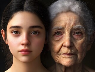 Aging process comparison with face of young and old woman