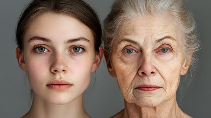 Aging process comparison with face of young and old woman