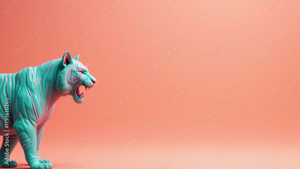 Poster teal and pink saber tooth tiger on left. soft red background. copy space for text, 3d render ai gene