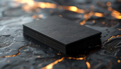 A stack of black business cards is on a table with a black background