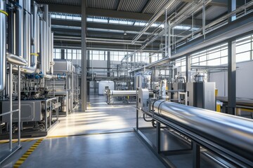Naklejka premium Industrial facility interior showcasing pipes and machinery during daytime operations