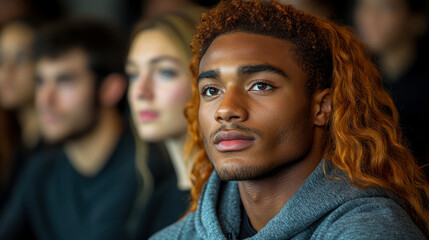 Portrait of a young man with auburn hair, attentively listening in a crowd