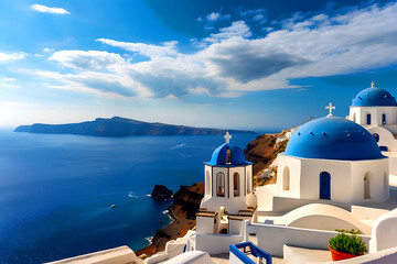 Obraz premium Greece's Santorini island with a blue sky and sea in the background.