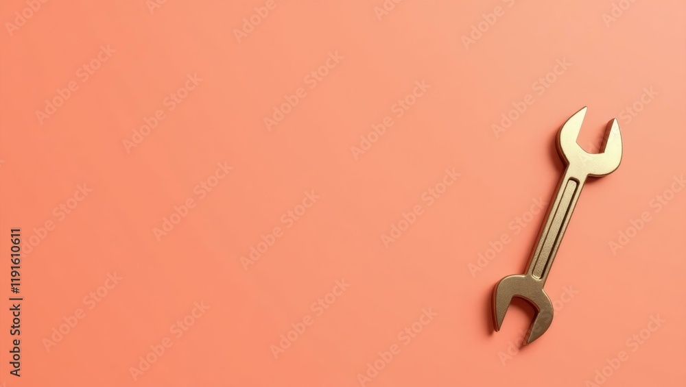 Poster metallic bronze wrench on right. soft red background. copy space for text, 3d render ai generated de