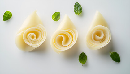 Curls of fresh butter with basil, isolated on white