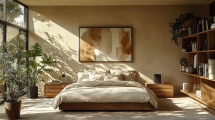 Serene modern bedroom interior with neutral tones and abundant natural light