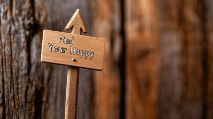 Wooden sign with motivational message "Find Your Happy" on rustic wooden background