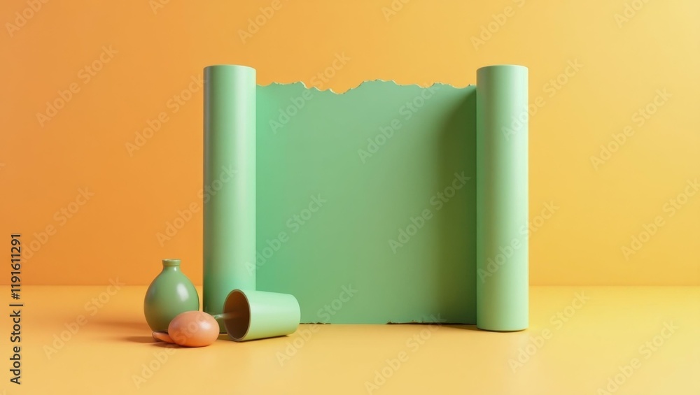 Poster sage green philosopher's scroll on left. soft red background. copy space for text, 3d render ai gene
