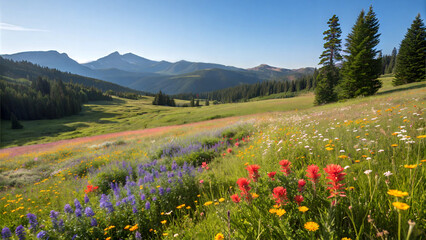 Fototapeta premium Scenic mountain meadow filled with colorful wildflowers under a clear blue sky 