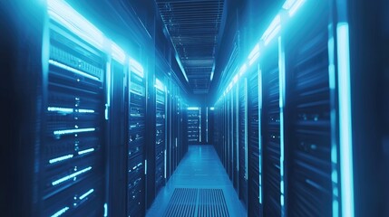 Blue light illuminating rows of server cabinets in a data center, symbolizing digital technology and cloud computing for business information storage. High detail. Perfect for technology visuals