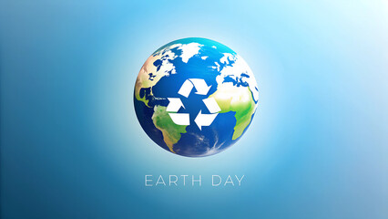 Earth Day concept with globe featuring recycling symbols and blue background for environmental awareness
