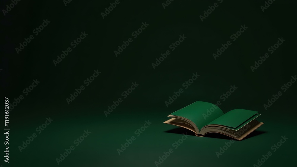 Poster emerald green open book on left. soft pink background. copy space for text, 3d render ai generated d