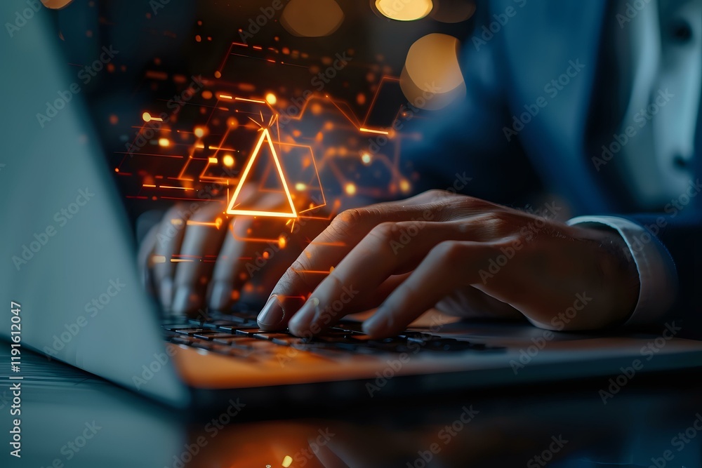 Poster hands typing on laptop keyboard with glowing triangle warning symbol and digital network effects, pe