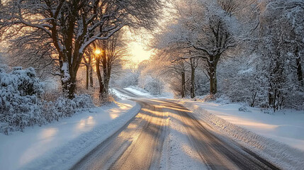 Obraz premium Winter sunset on a snow-covered winding road through a serene forest landscape