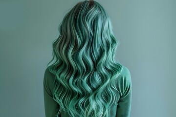 Fototapeta premium Beautiful long wavy turquoise hair from behind on young woman against mint wall background, perfect for beauty salon, hair coloring and styling advertising concept.