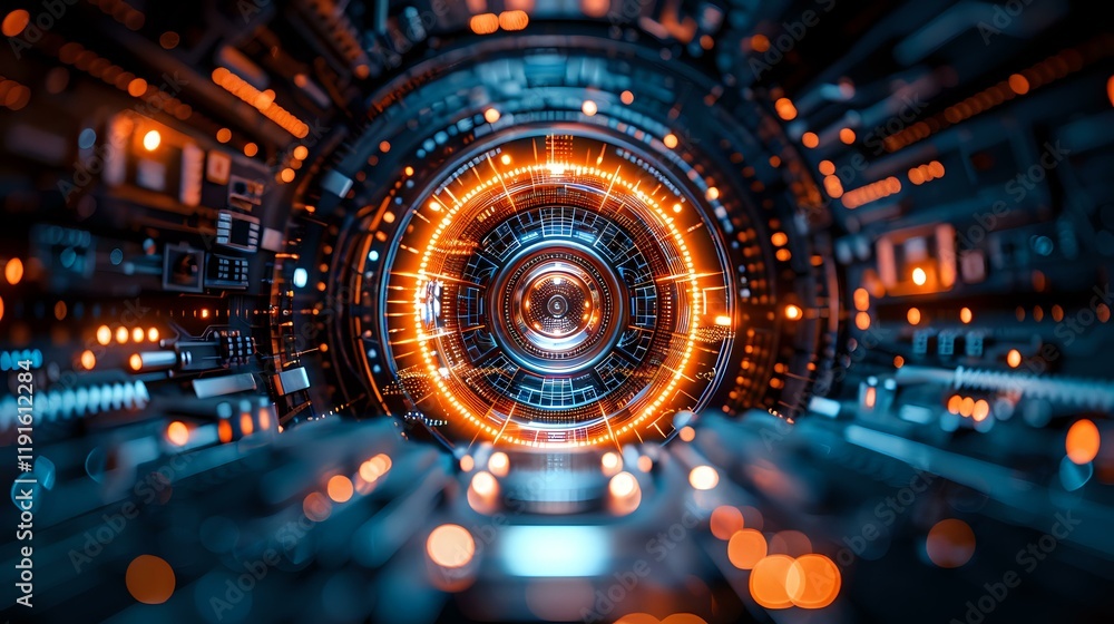Aufkleber futuristic glowing orange and blue circular tunnel with digital elements and bokeh effects, perfect 