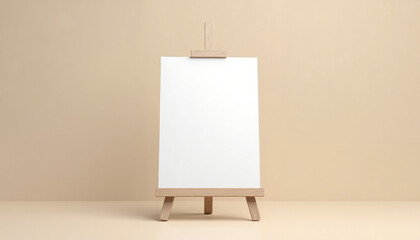 Blank canvas on wooden easel against beige background