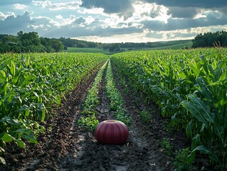 Field of corn with AIguided robotic planters seeding rows at perfect intervals ensuring efficient use of space and resources while the sun shines overhead