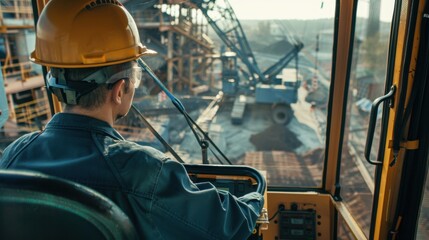 A crane operator looking out from the cabin, with construction site and heavy machinery in the background, Construction site scene