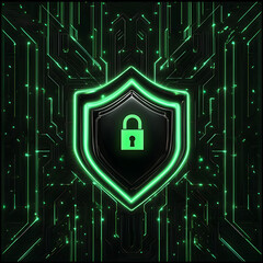 Cybersecurity Shield with Digital Lock Icon