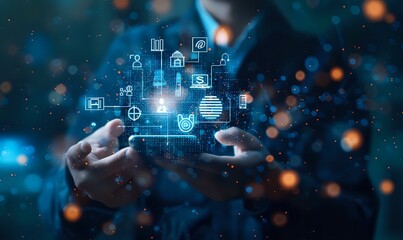 Digital transformation concept with glowing technology icons floating between hands against dark blue background with bokeh effect, perfect for business innovation.