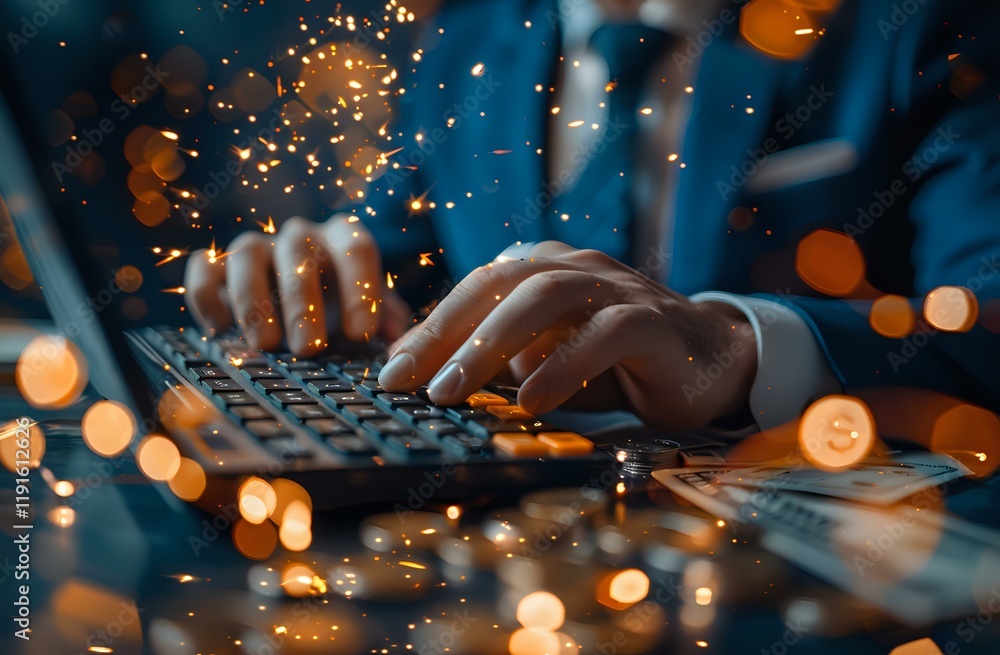Poster hands typing on laptop keyboard with magical bokeh light effects and sparkles, perfect for technolog